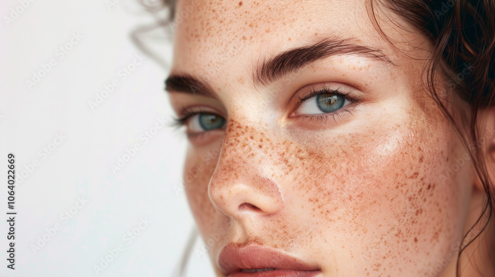 Portrait Caucasian woman showcasing natural skin textures, young women with freckles Portrait Caucasian woman showcasing natural skin textures, young women with freckles