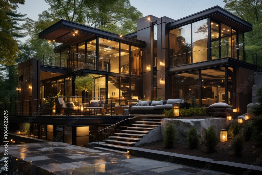 Modern glass and metal house surrounded by nature, illuminated at dusk. Modern glass and metal house surrounded by nature, illuminated at dusk.