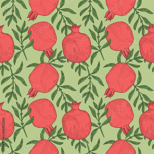 Vector seamless pattern with Pomegranates. Hand drawn repeating background with engraved coloured fruits, branches, leaves of Garnet plants. Food, ingredient, medical. For sign, label, textile, card