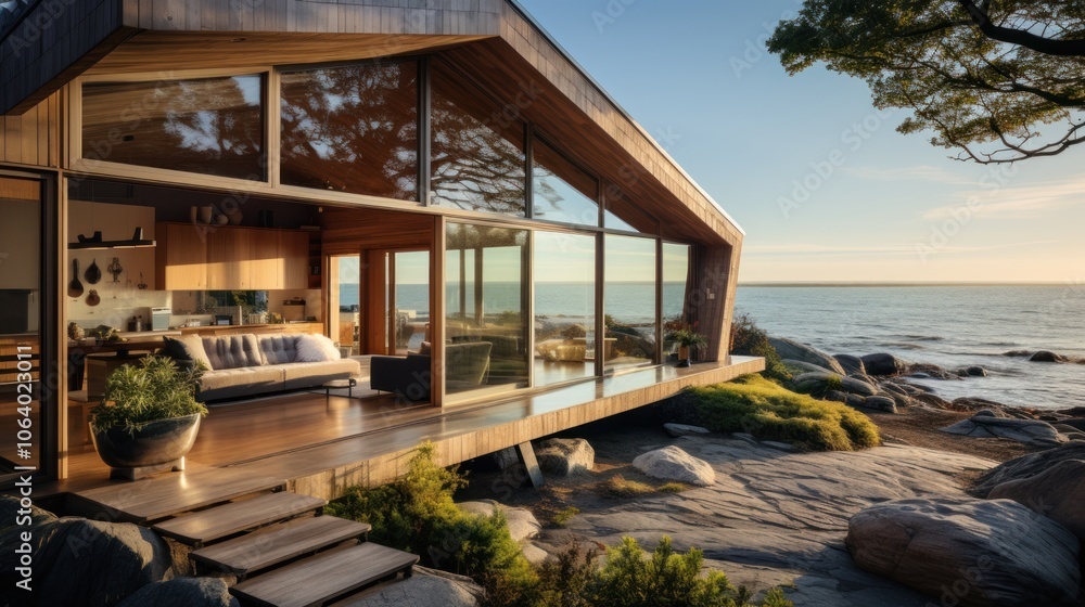 Modern coastal home with large windows overlooking the ocean at sunset. Modern coastal home with large windows overlooking the ocean at sunset.