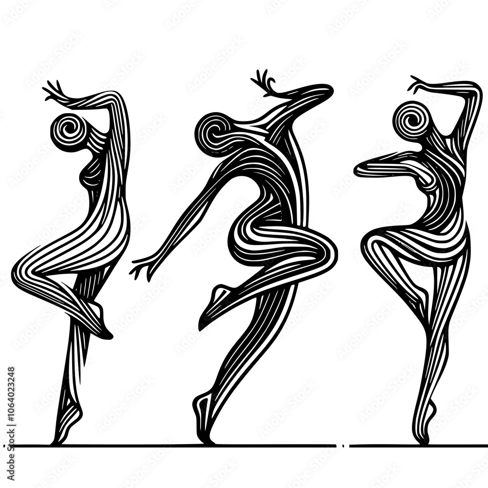 Obraz premium Black and White Vector Silhouettes of Dancers in Aesthetic and Dynamic Poses – Minimalist Art for Motion and Expression