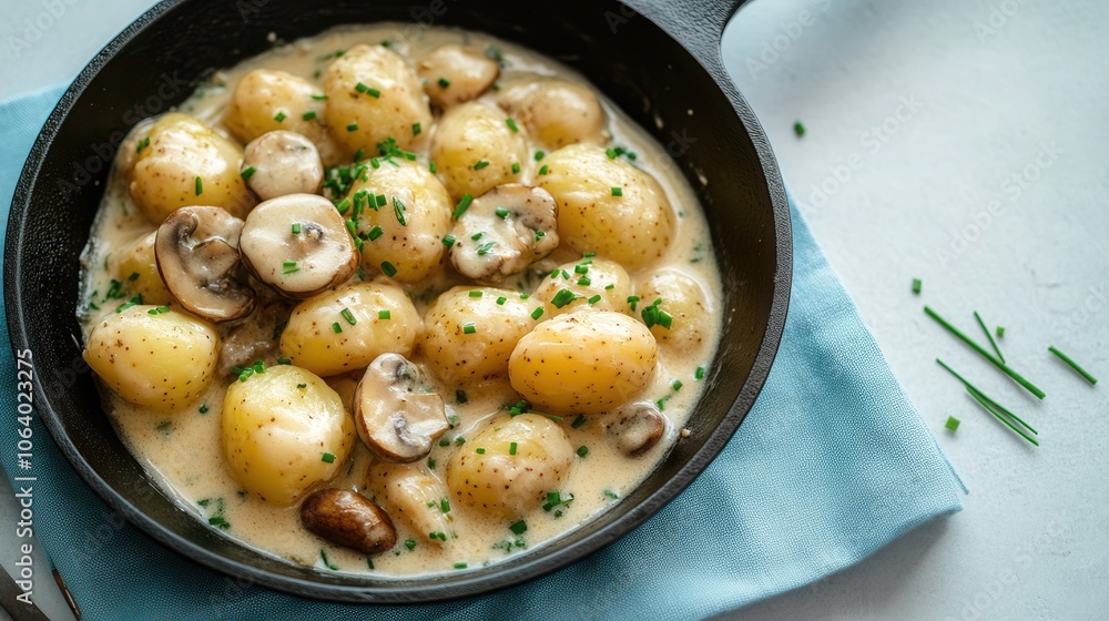 Delicious creamy sauce-coated potatoes and mushrooms in a cast-iron pan on a turquoise tablecloth Delicious creamy sauce-coated potatoes and mushrooms in a cast-iron pan on a turquoise tablecloth