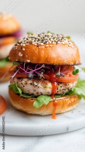 Colorful plant-based burgers with fresh toppings and vibrant sauces on marble plates in a bright, inviting setting