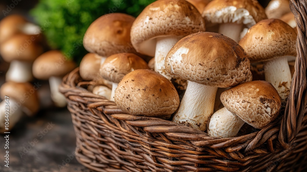 Freshly harvested mushrooms in a woven basket against an earthy backdrop, showcasing natural beauty in studio lighting Freshly harvested mushrooms in a woven basket against an earthy backdrop, showcasing natural beauty in studio lighting