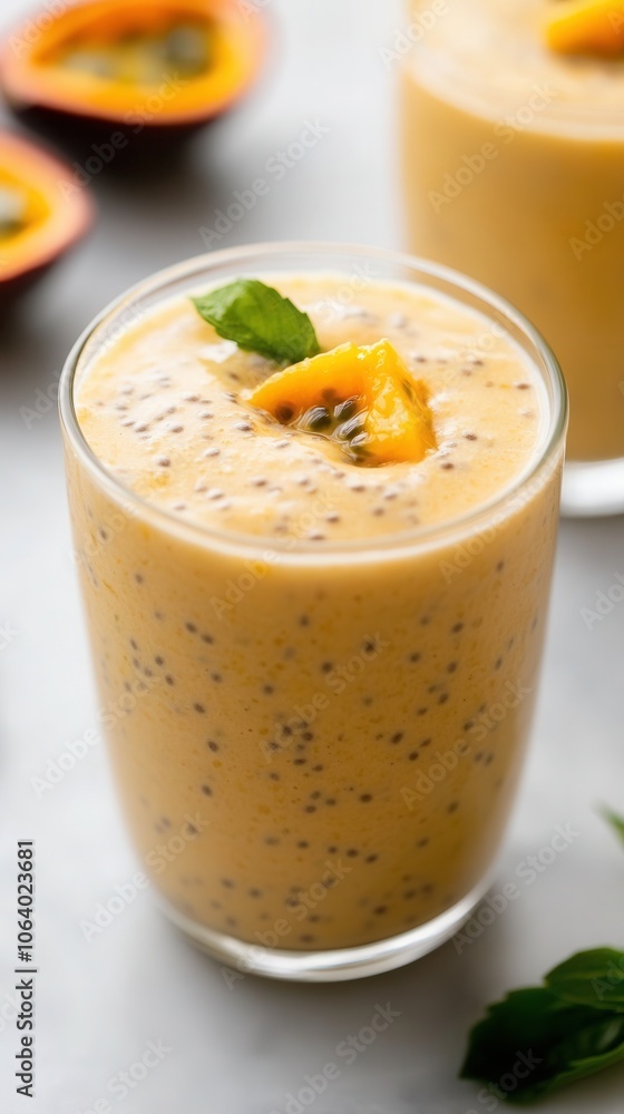 Delicious vegan chia pudding with passion fruit served in a clear glass cup for a refreshing snack Delicious vegan chia pudding with passion fruit served in a clear glass cup for a refreshing snack