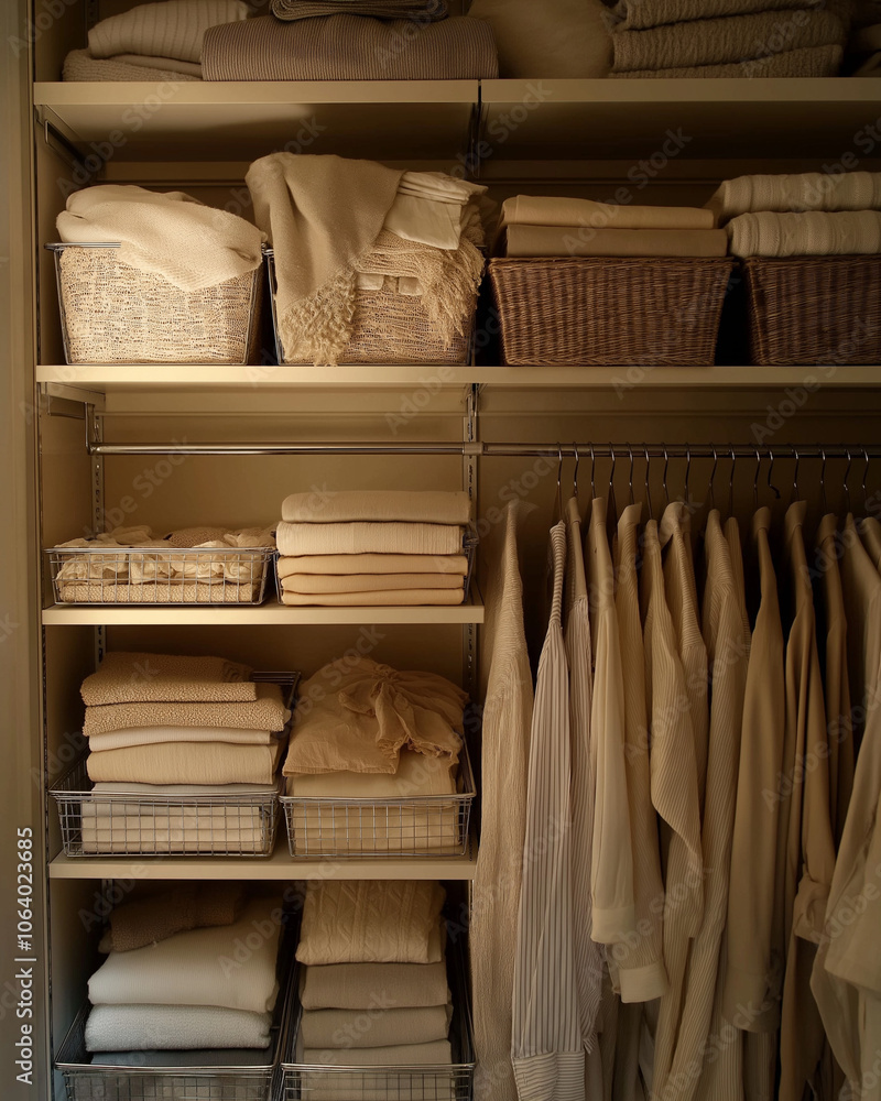 Closet organized for seasonal decluttering, with labeled storage boxes for each season on the upper shelf and current-season items hanging in soft neutral tones; warm lighting enhances the cozy Closet organized for seasonal decluttering, with labeled storage boxes for each season on the upper shelf and current-season items hanging in soft neutral tones; warm lighting enhances the cozy
