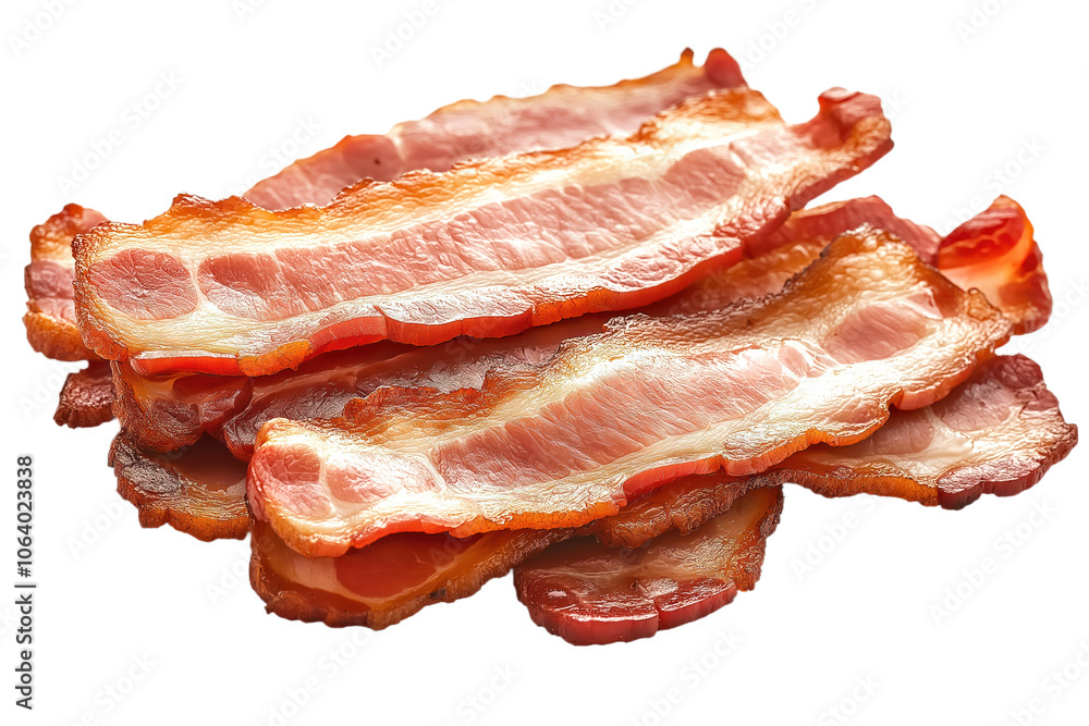Close-up of cooked bacon in fan-like pattern with curled edges. Rich brown color, vibrant red hue, and stark isolated transparent background. Cooked, sliced, and ready to serve. Alpha mask. Close-up of cooked bacon in fan-like pattern with curled edges. Rich brown color, vibrant red hue, and stark isolated transparent background. Cooked, sliced, and ready to serve. Alpha mask.