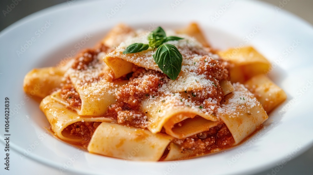 Delicious plate of pasta with rich tomato sauce and Parmesan cheese in a cozy Italian kitchen setting Delicious plate of pasta with rich tomato sauce and Parmesan cheese in a cozy Italian kitchen setting