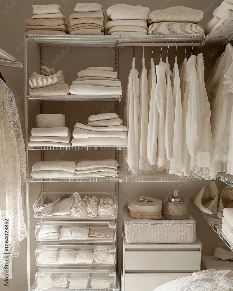 Compact, space-saving closet with light-colored folded clothes on shelves and in storage bins; essentials hang on one side, with accessories in a labeled drawer. Soft, diffused lighting enhances Compact, space-saving closet with light-colored folded clothes on shelves and in storage bins; essentials hang on one side, with accessories in a labeled drawer. Soft, diffused lighting enhances