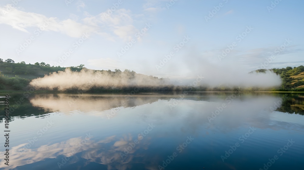Fototapeta premium Serene lake with mist circle and green landscape
