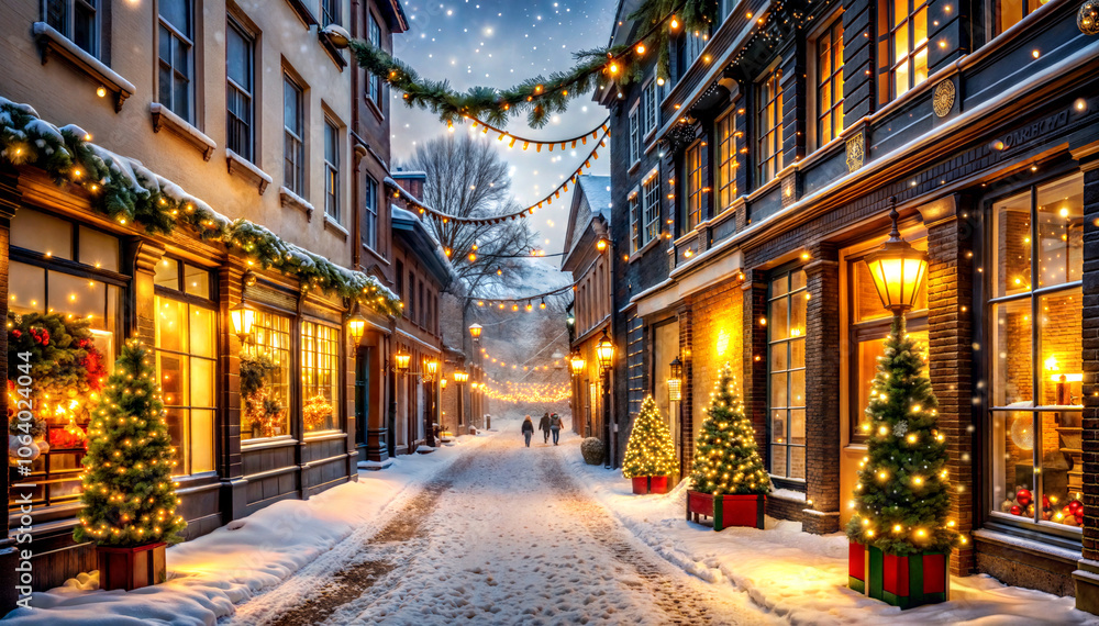 decorated christmas street with festive lights and snow, illustration, Christmas, New Year decorated christmas street with festive lights and snow, illustration, Christmas, New Year