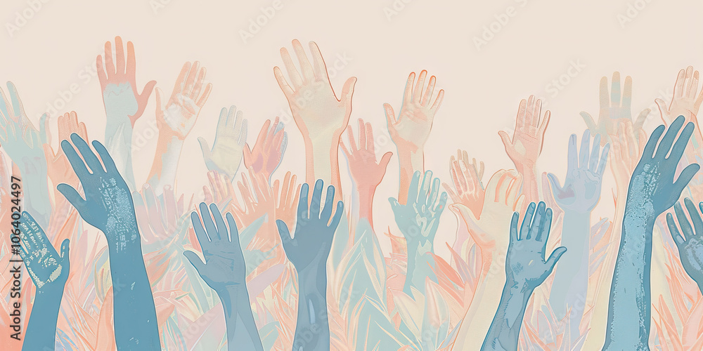 Unification Vote: Crowded hands raised in the air at a political rally Unification Vote: Crowded hands raised in the air at a political rally