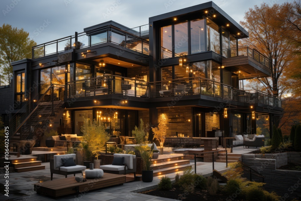 Modern multi-level house with outdoor seating and warm lighting in an autumn setting. Modern multi-level house with outdoor seating and warm lighting in an autumn setting.