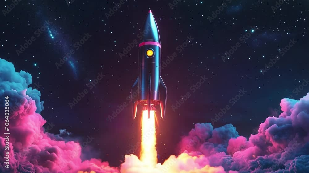 A striking rocket ascends into the night sky, surrounded by colorful clouds and twinkling stars, marking the beginning of its journey A striking rocket ascends into the night sky, surrounded by colorful clouds and twinkling stars, marking the beginning of its journey