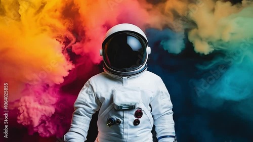 An astronaut in a white suit walks against a backdrop of colorful smoke, creating a striking and imaginative atmosphere
