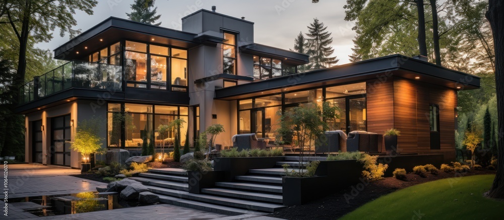 Modern architectural home surrounded by greenery, showcasing sleek design and outdoor spaces. Modern architectural home surrounded by greenery, showcasing sleek design and outdoor spaces.