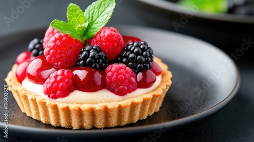 Berry tart with fresh mint on a black plate, AI