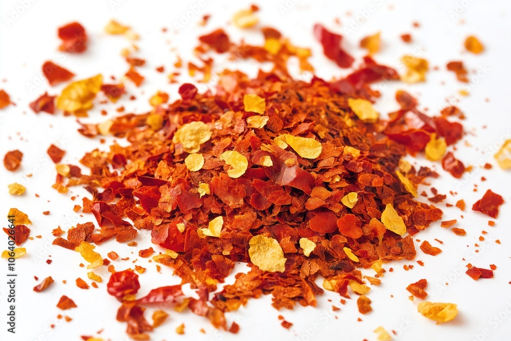 Close-up of red, yellow spice pile with vibrant colors. Spices scattered haphazardly with overlapping, others standing alone. Dry paprika, chili pepper flakes, cayenne pepper on white background. Close-up of red, yellow spice pile with vibrant colors. Spices scattered haphazardly with overlapping, others standing alone. Dry paprika, chili pepper flakes, cayenne pepper on white background.