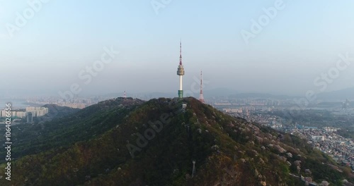 Aerial Drone View Of Namsan Tower Building Afternoon of Seoul, South Korea