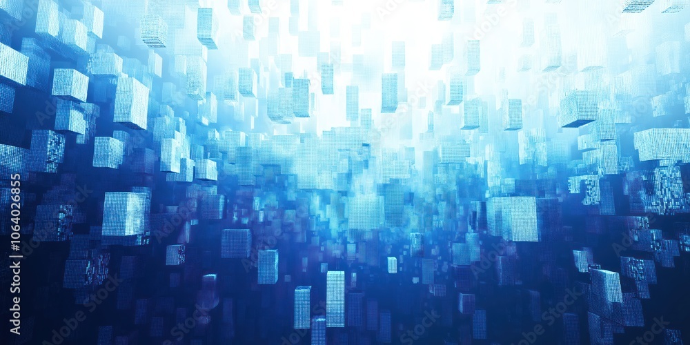 Digital art piece with blue, gray colors, serene, tranquil atmosphere. Grid-like pattern of small squares, varying in size, shape. Predominantly gray with blue squares adding vibrancy, calming Digital art piece with blue, gray colors, serene, tranquil atmosphere. Grid-like pattern of small squares, varying in size, shape. Predominantly gray with blue squares adding vibrancy, calming
