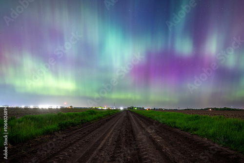 Northern Lights Storm on May 11th 2024 from Iowa City, Iowa, USA over a dirt road between two farm fields. 5.11.24