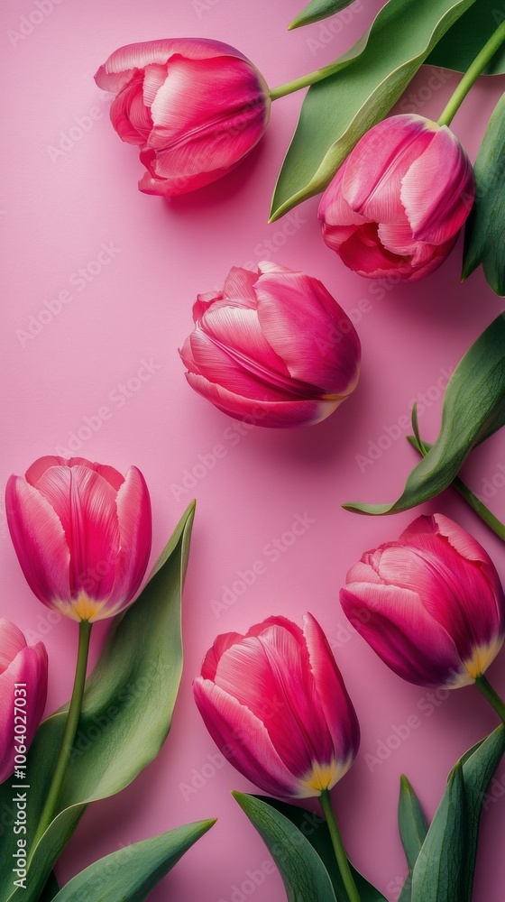 Fototapeta premium Beautiful pink tulips arranged artistically on a soft pink background for a vibrant display