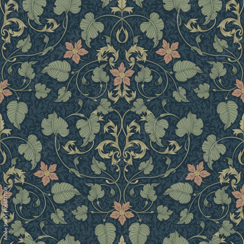 Dark ornamental background. Seamless floral pattern. Modern wallpaper style.