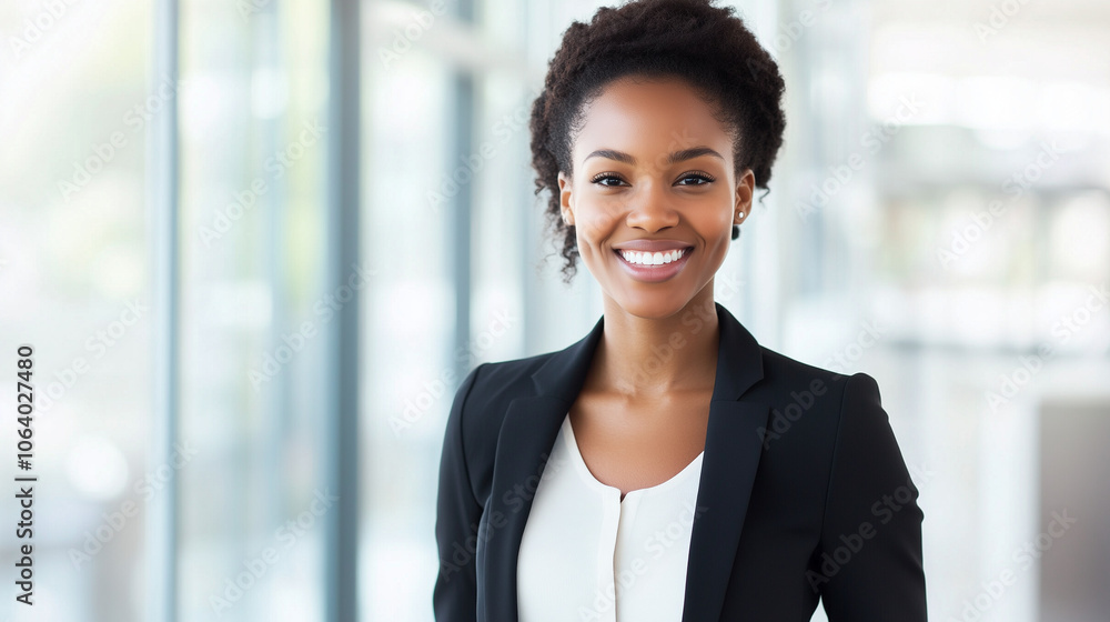 Confident Professional Woman Smiling in Modern Office Confident Professional Woman Smiling in Modern Office
