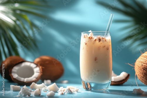 Refreshing coconut drink served in a glass with pieces of coconut and palm leaves in the background photo