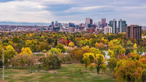 Denver skyline during fall season, yellow trees, drone hyperlapse, Denver, Colorado, 4K