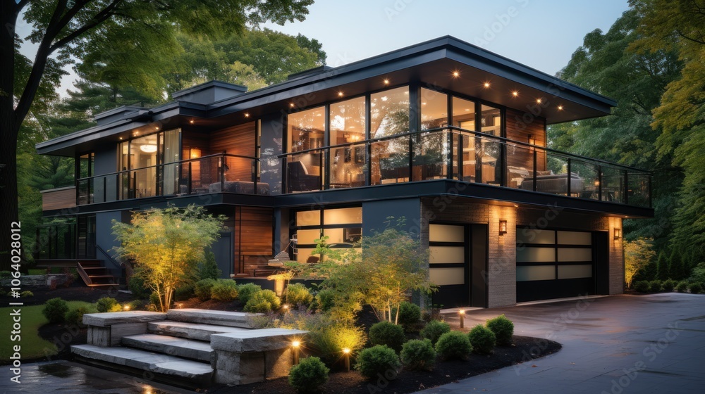 Modern house with large windows and a landscaped garden, showcasing contemporary architecture. Modern house with large windows and a landscaped garden, showcasing contemporary architecture.