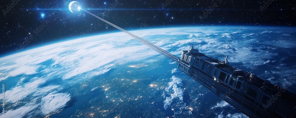 Space elevator concept with a cable stretching from Earth to a distant satellite Space elevator concept with a cable stretching from Earth to a distant satellite