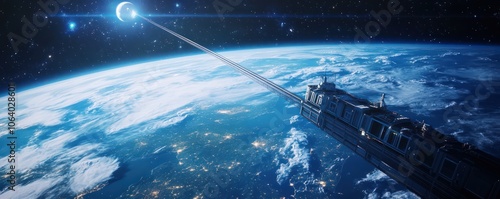 Space elevator concept with a cable stretching from Earth to a distant satellite photo