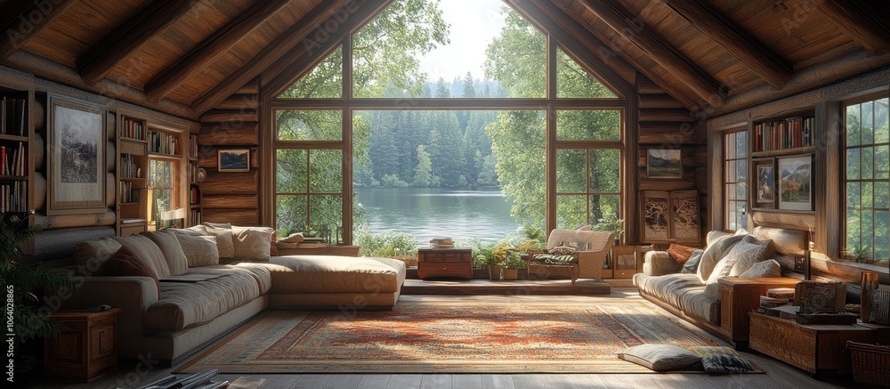 Cozy cabin interior with a view of a serene lake and lush greenery outside. Cozy cabin interior with a view of a serene lake and lush greenery outside.
