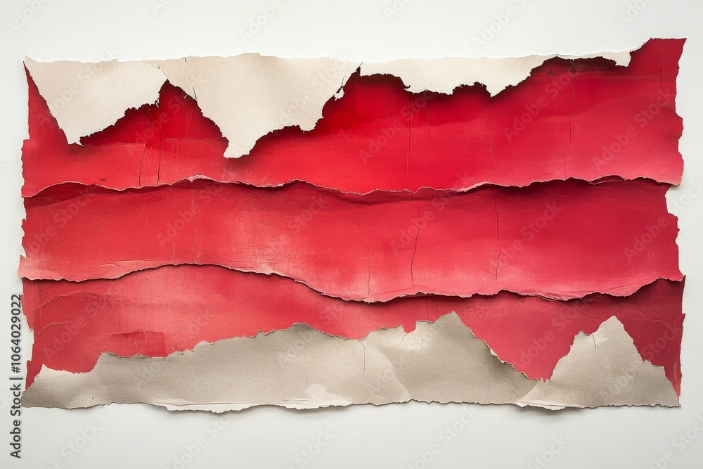 Red textured surface with torn edges displayed against a neutral wall background Red textured surface with torn edges displayed against a neutral wall background