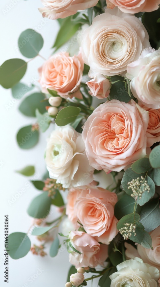 Elegant arrangement of soft peach and white roses with greenery for a spring celebration Elegant arrangement of soft peach and white roses with greenery for a spring celebration