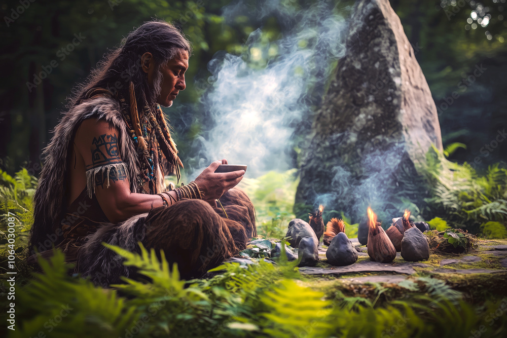 Fototapeta premium Ancient druid performing a sacred earth ritual in a stone circle, surrounded by vibrant greenery and forest creatures.