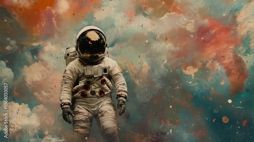 Spaceman's mission depicted with creative mixed media