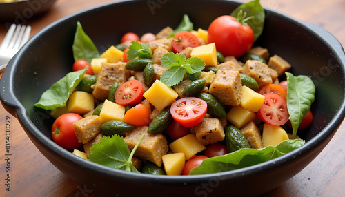 Colorful mixed salad with fresh vegetables, mango, and a hint of coriander served in a black bowl on a wooden table. Generative AI