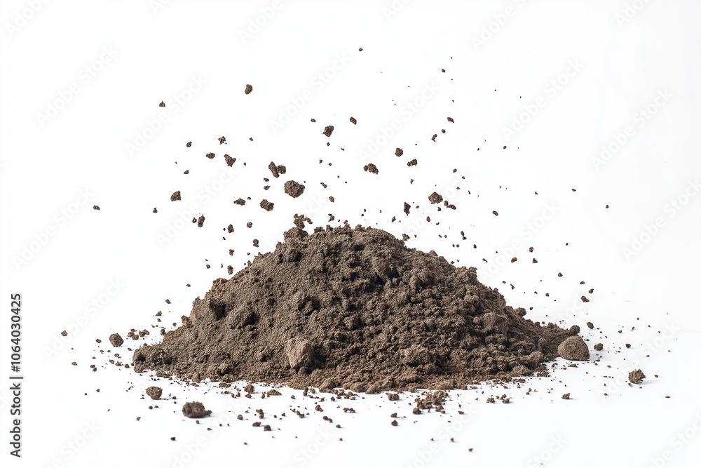 Small mound of dirt, possibly clay, with scattered rocks on white background. Dark brown dirt, lighter brown rocks, contrasting colors. Dirt, rocks, no text, no objects. Small mound of dirt, possibly clay, with scattered rocks on white background. Dark brown dirt, lighter brown rocks, contrasting colors. Dirt, rocks, no text, no objects.