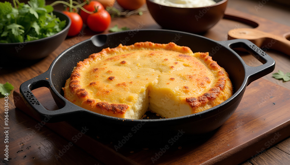 Delicious homemade cornbread baked in a cast iron skillet, served fresh on a wooden table with fresh ingredients nearby. Generative AI Delicious homemade cornbread baked in a cast iron skillet, served fresh on a wooden table with fresh ingredients nearby. Generative AI