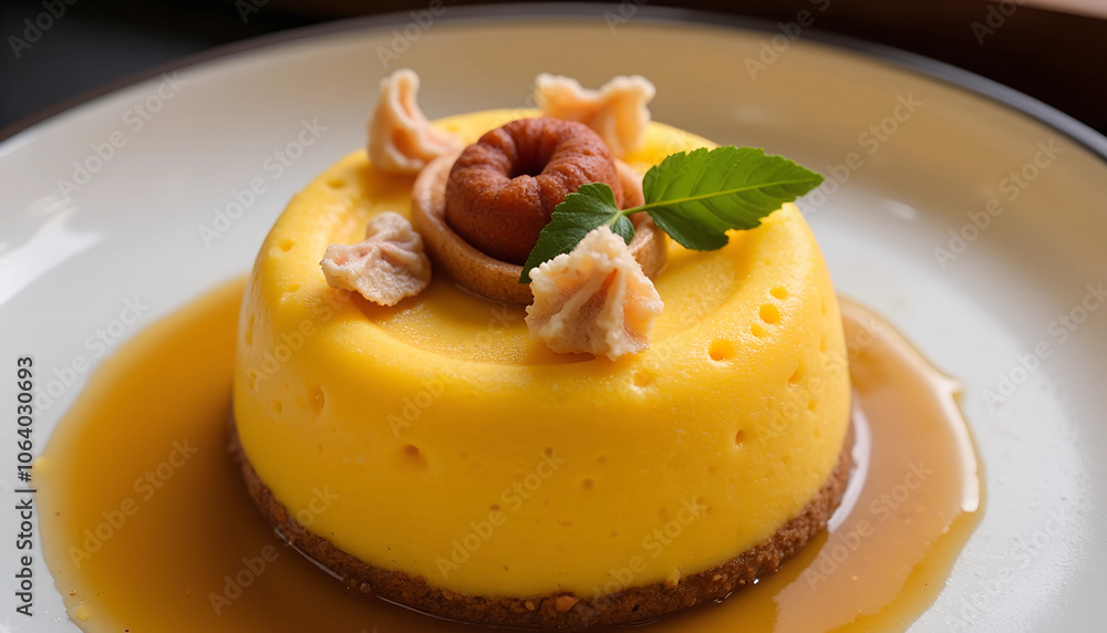 Delicious mango mousse dessert served on a stylish plate with caramel sauce and garnished with crispy toppings and mint leaves. Generative AI Delicious mango mousse dessert served on a stylish plate with caramel sauce and garnished with crispy toppings and mint leaves. Generative AI