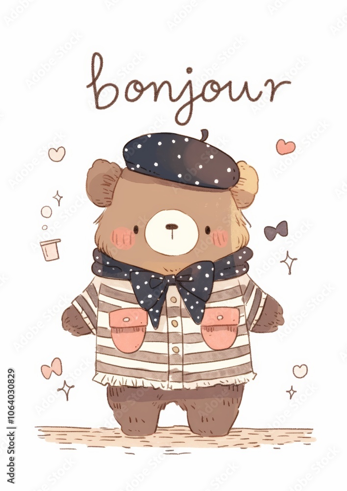 Naklejka premium Cute Brown Bear Wearing Striped T-Shirt and Beret Hat with French Greeting Generative AI