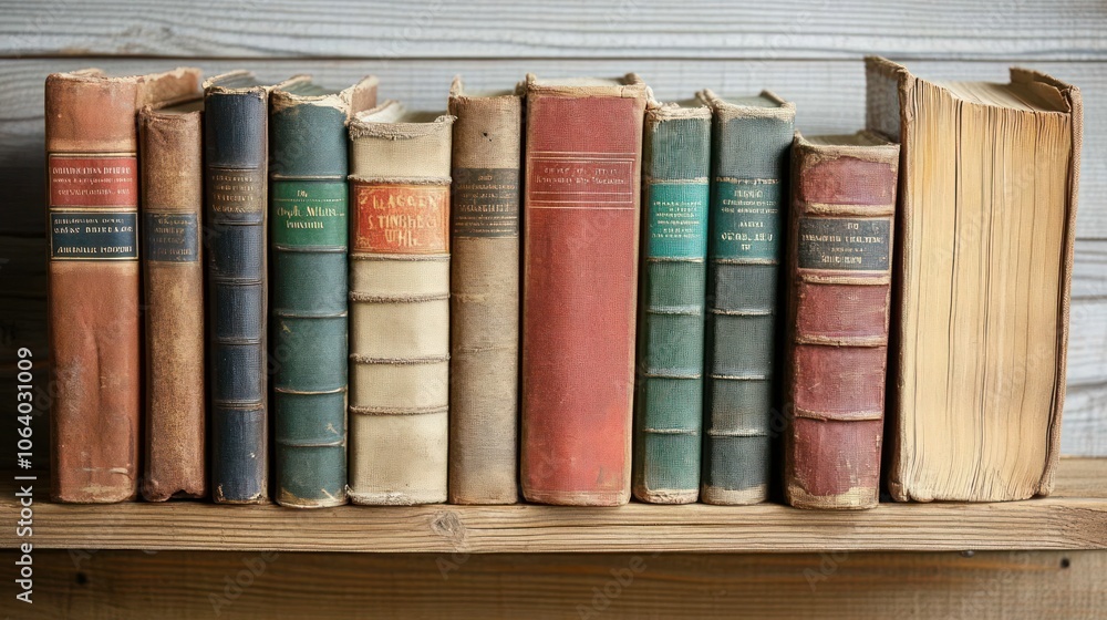 A row of antique books with worn leather covers sits on a wooden shelf. A row of antique books with worn leather covers sits on a wooden shelf.