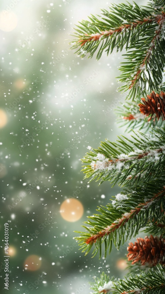 Obraz premium Snowfall gently covers pine branches during a winter day in a tranquil forest setting