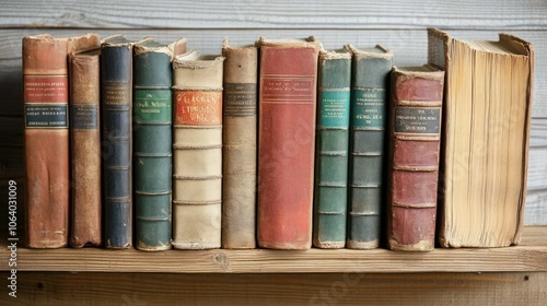 A row of antique books with worn leather covers sits on a wooden shelf. photo