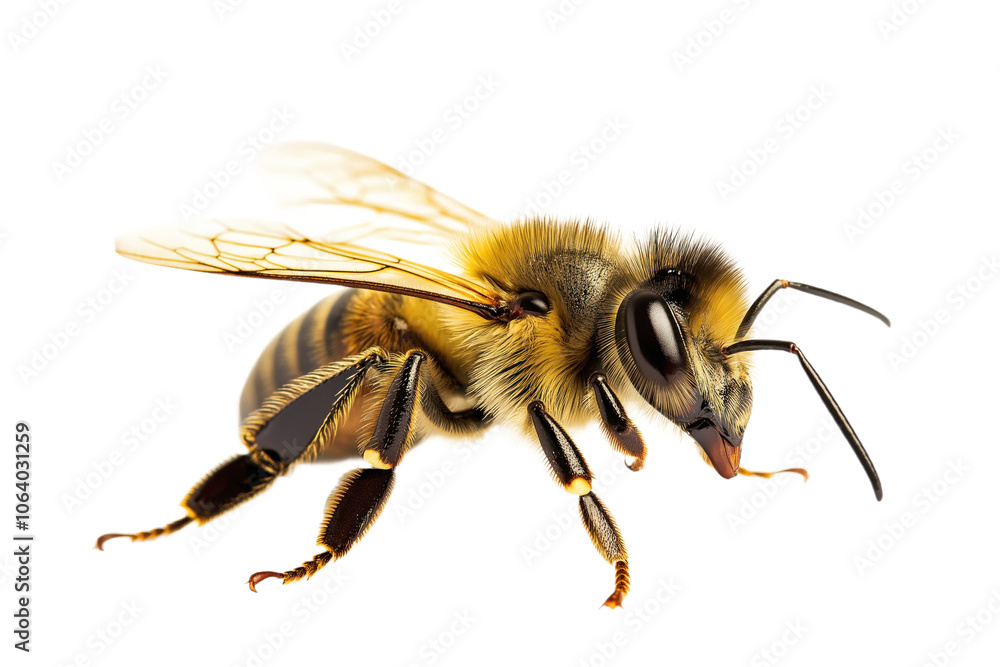 Close-up of bee in mid-flight. Yellow, black striped body. Six legs spread, wings slightly open. Head tilted downwards, antennae visible. Bee in motion on isolated transparent background. Alpha mask. Close-up of bee in mid-flight. Yellow, black striped body. Six legs spread, wings slightly open. Head tilted downwards, antennae visible. Bee in motion on isolated transparent background. Alpha mask.