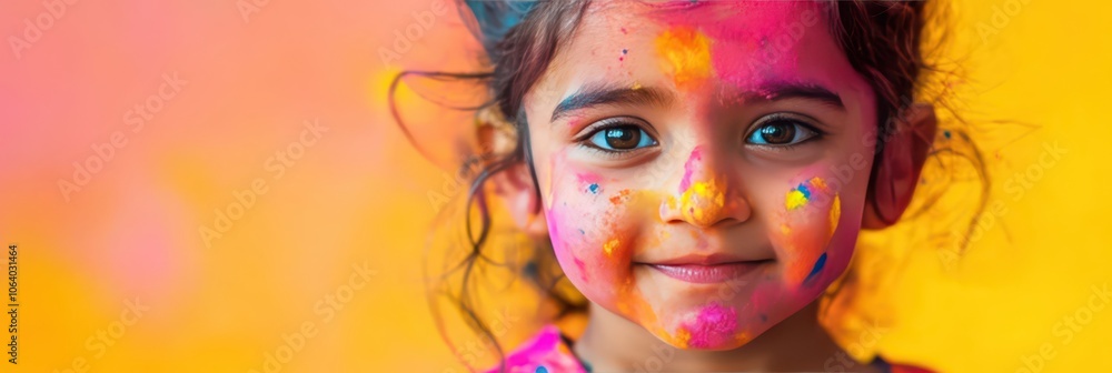 Obraz premium Colorful celebration of Holi with joyful painted girl against vibrant background. Happy Indian girl with face stained with different colors. Festival of colors, spring. Horizontal banner. Copy space