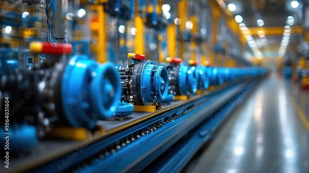 A row of blue pumps move along an automated assembly line in a factory. A row of blue pumps move along an automated assembly line in a factory.