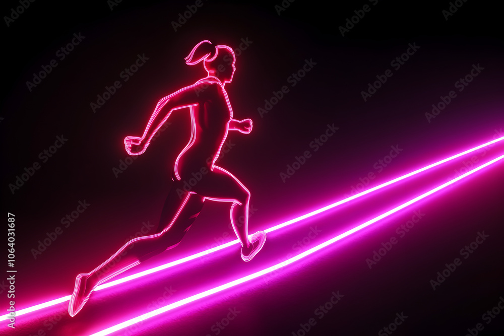 Neon illustration of a person running towards horizon isolated on black background. Neon illustration of a person running towards horizon isolated on black background.